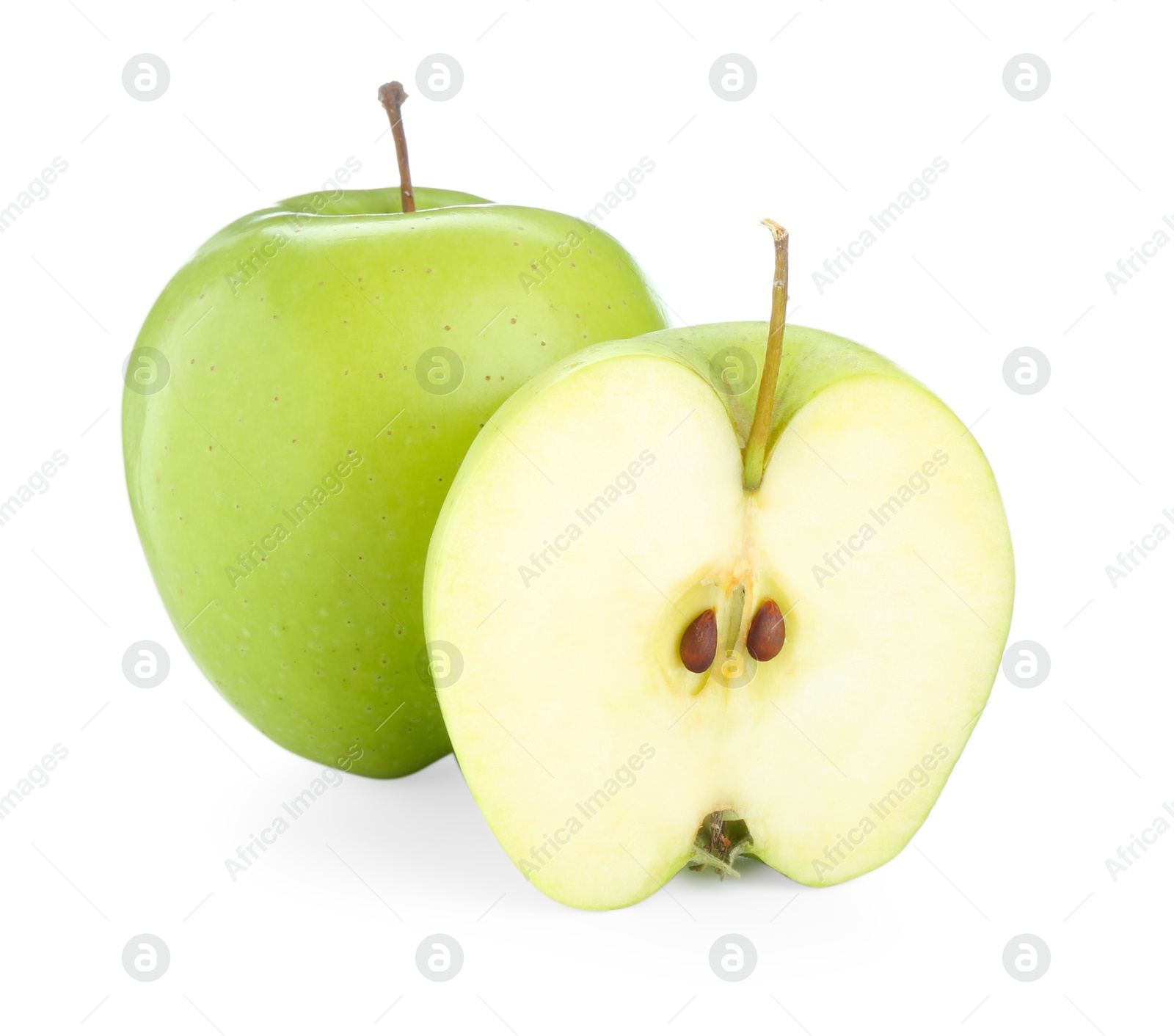 Photo of Whole and cut fresh green apples isolated on white