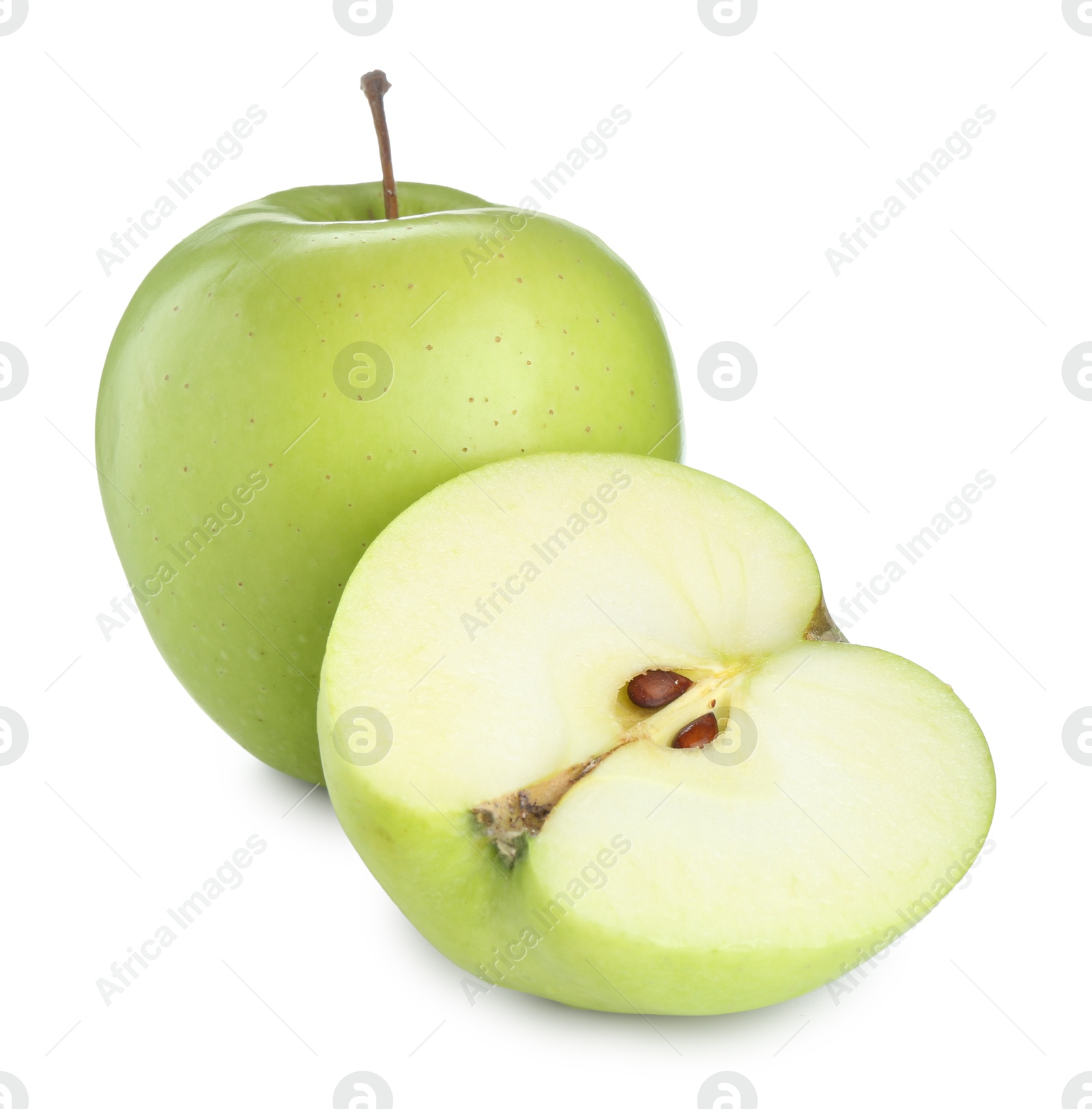 Photo of Whole and cut fresh green apples isolated on white