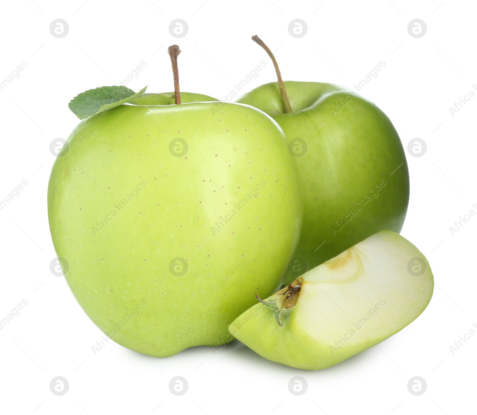 Photo of Whole and cut fresh green apples isolated on white