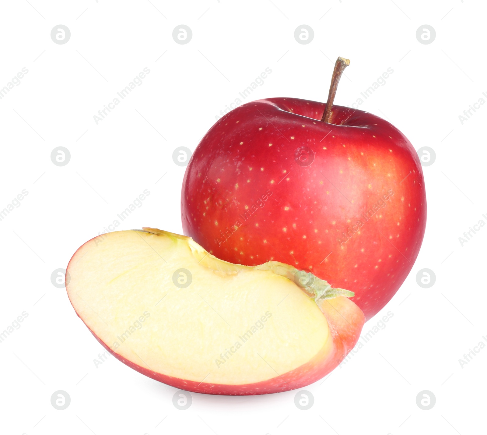 Photo of Whole and cut fresh apples isolated on white