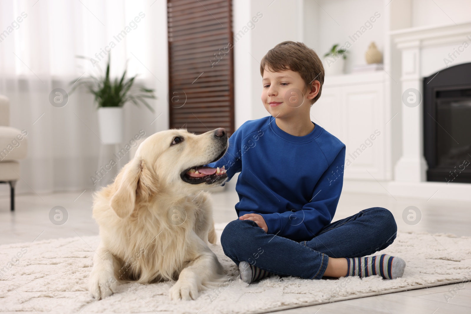 Photo of Boy with his cute dog at home