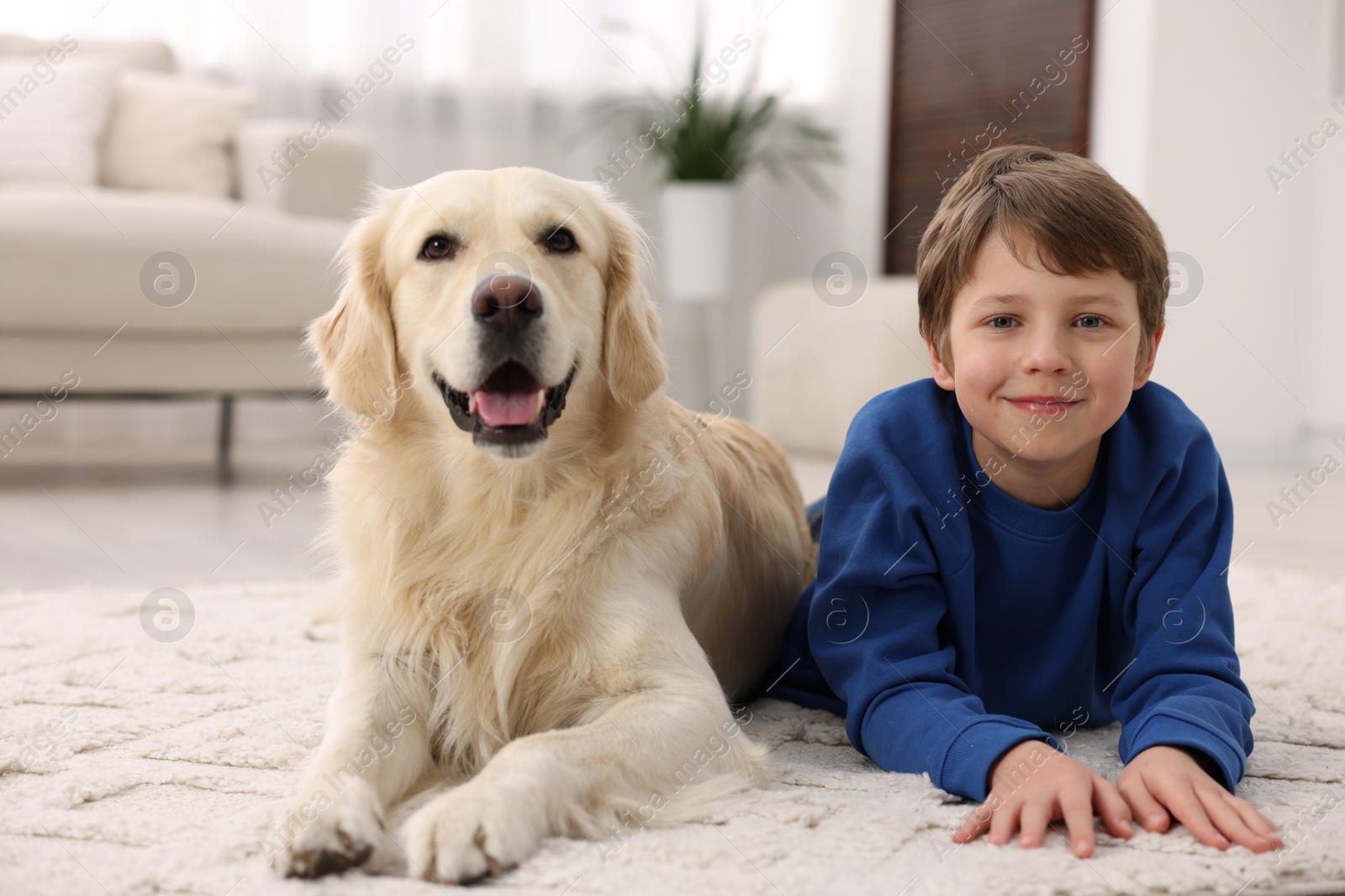 Photo of Boy with his cute dog at home