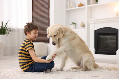 Boy training his cute dog at home