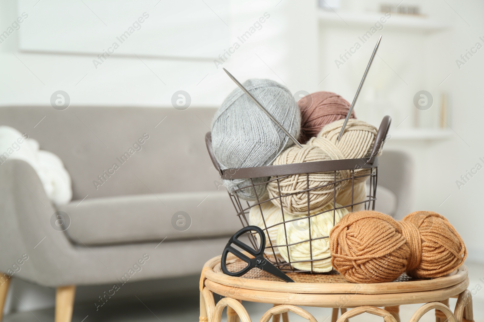 Photo of Skeins of soft yarn, knitting needles and scissors on table indoors, space for text