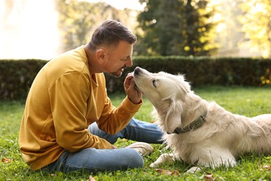 Photo of Smiling man with cute Golden Retriever dog on spring day