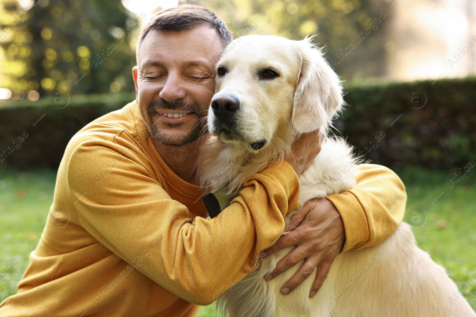 Photo of Smiling man with cute Golden Retriever dog on spring day