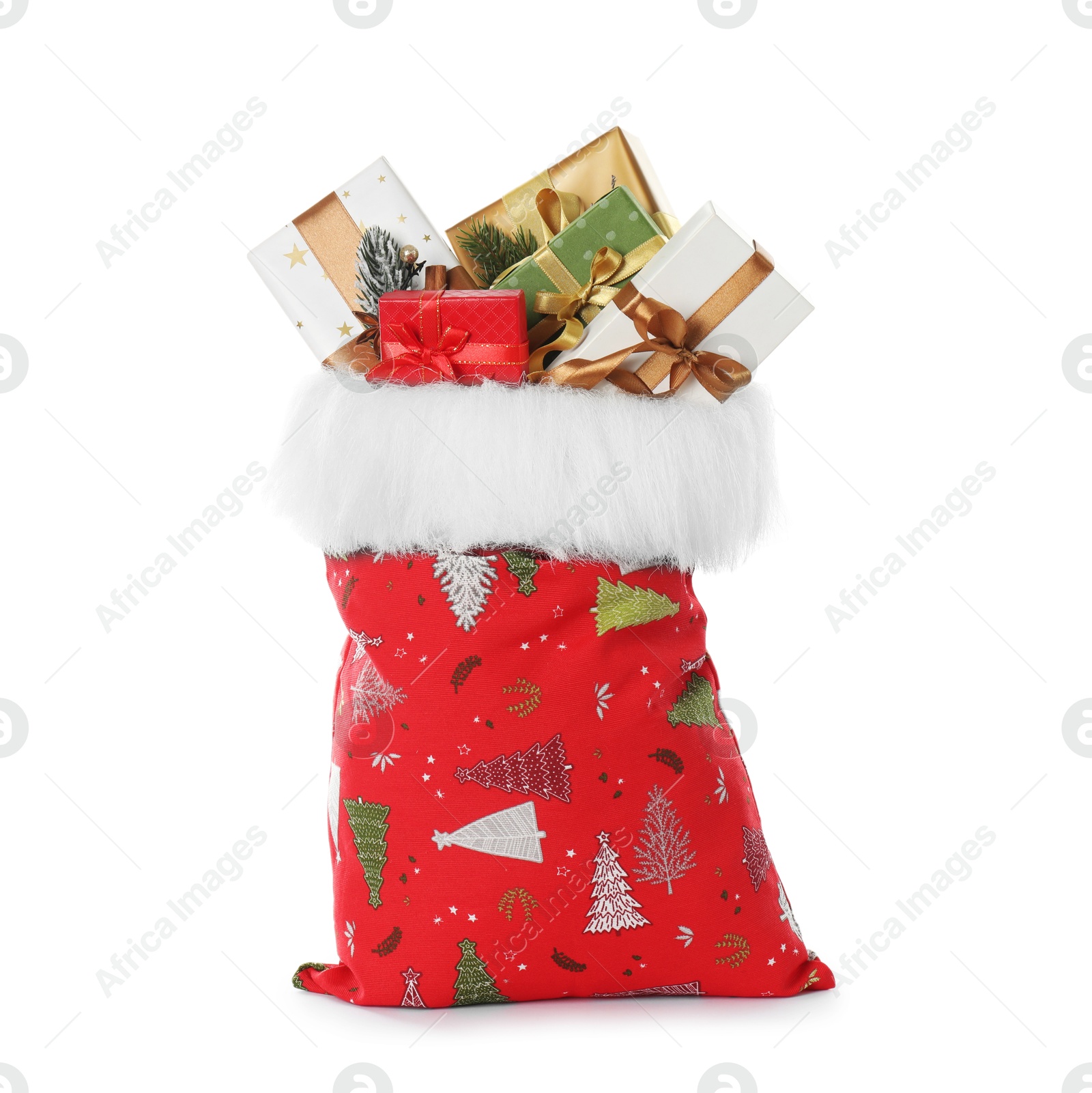 Photo of Santa Claus bag with gift boxes isolated on white