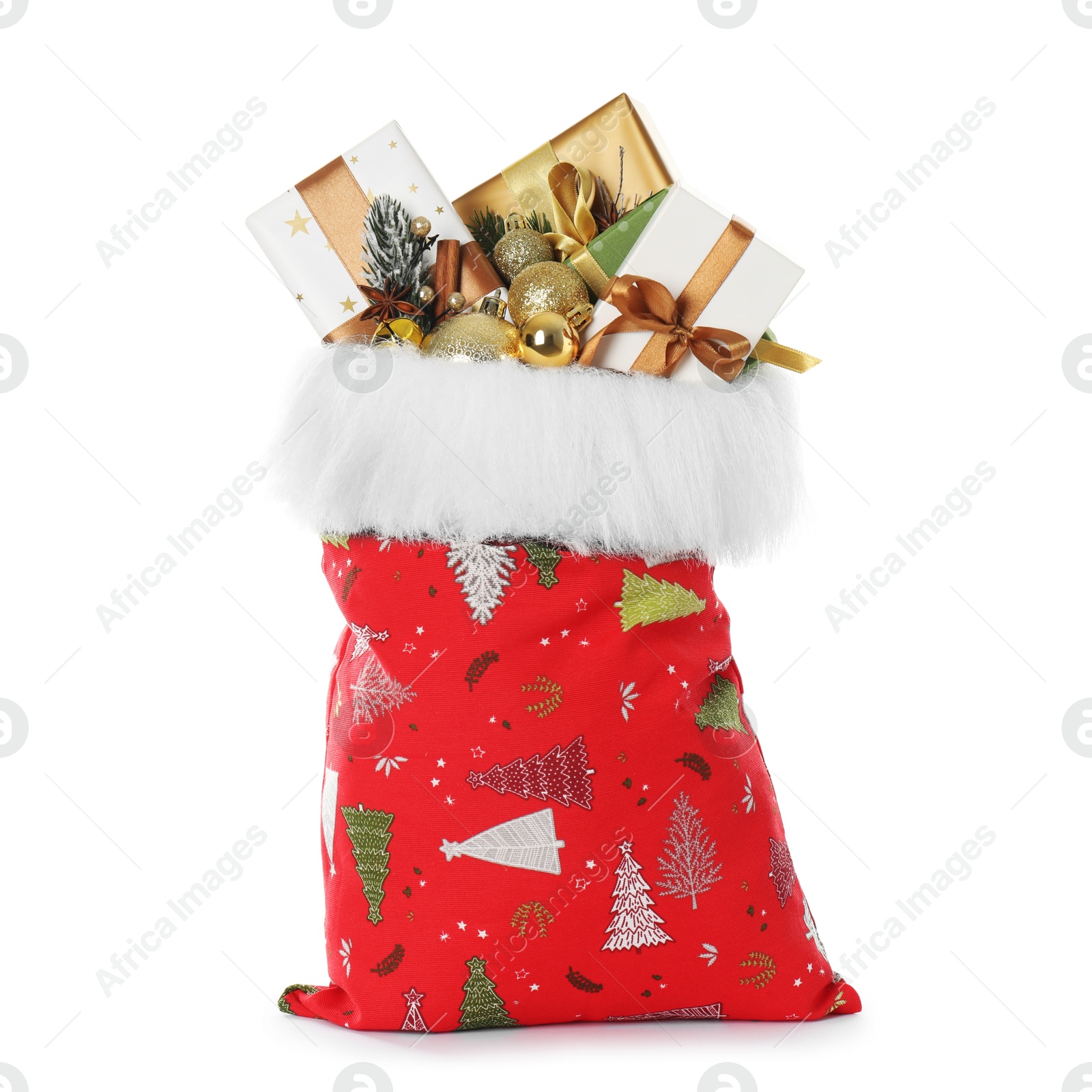 Photo of Santa Claus bag with gift boxes and Christmas balls isolated on white