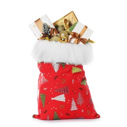 Photo of Santa Claus bag with gift boxes and Christmas balls isolated on white