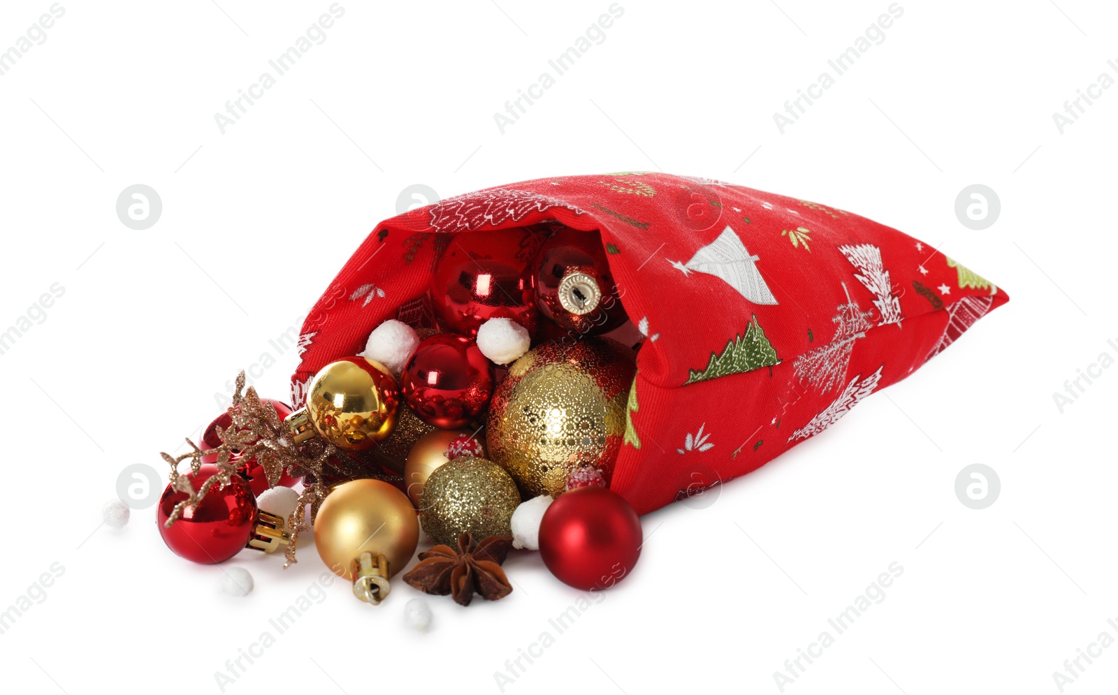 Photo of Santa Claus bag with Christmas balls isolated on white