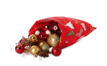 Photo of Santa Claus bag with Christmas balls isolated on white