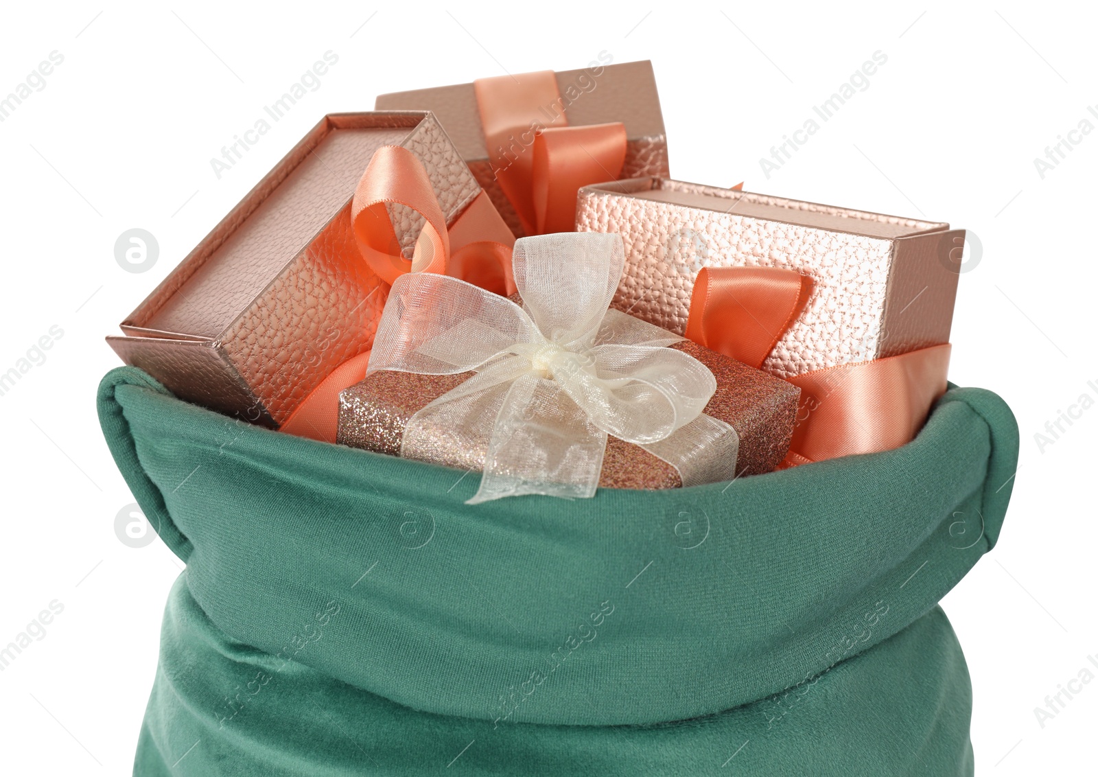 Photo of Santa Claus bag with gift boxes isolated on white