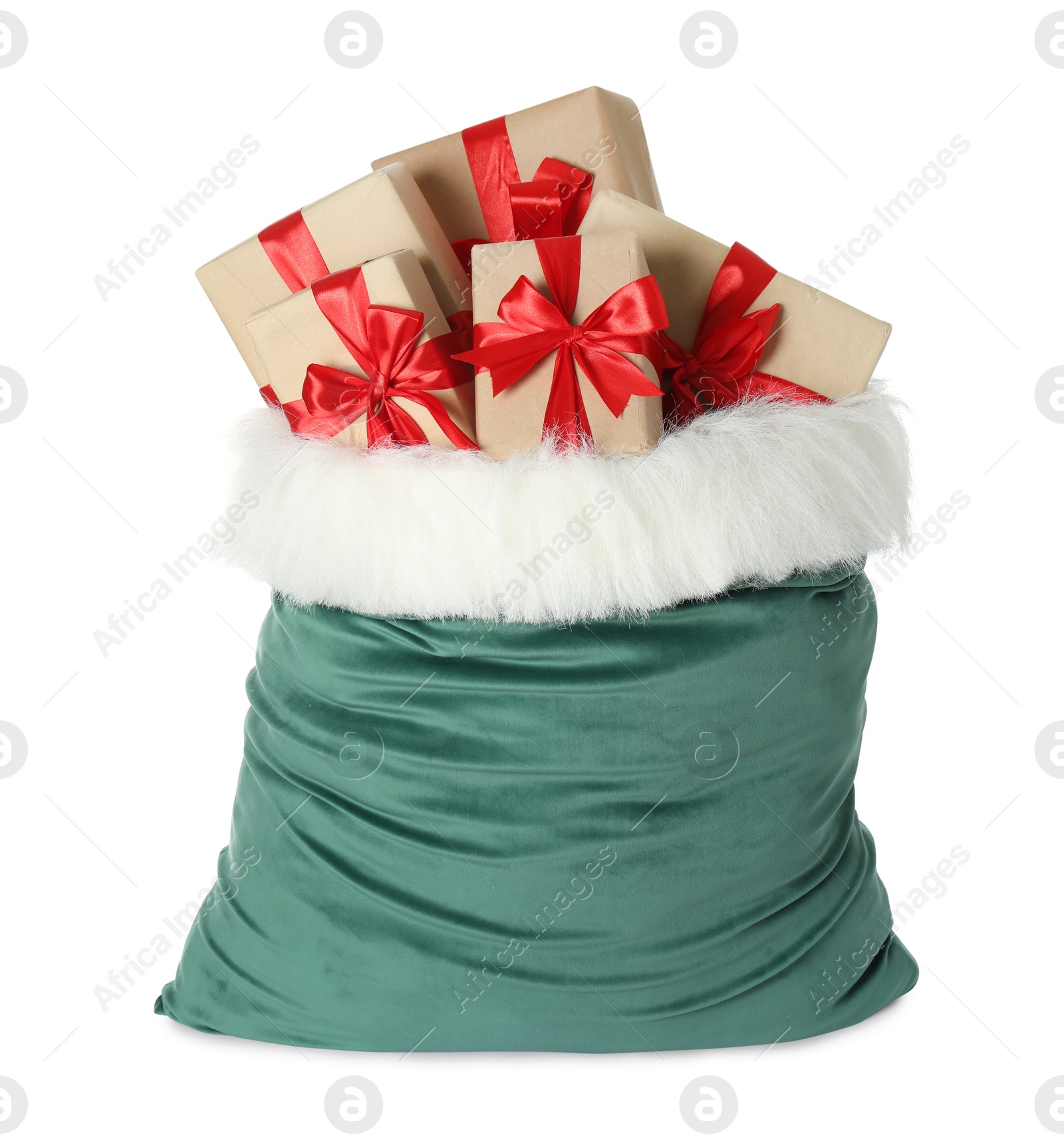 Photo of Santa Claus bag with gift boxes isolated on white