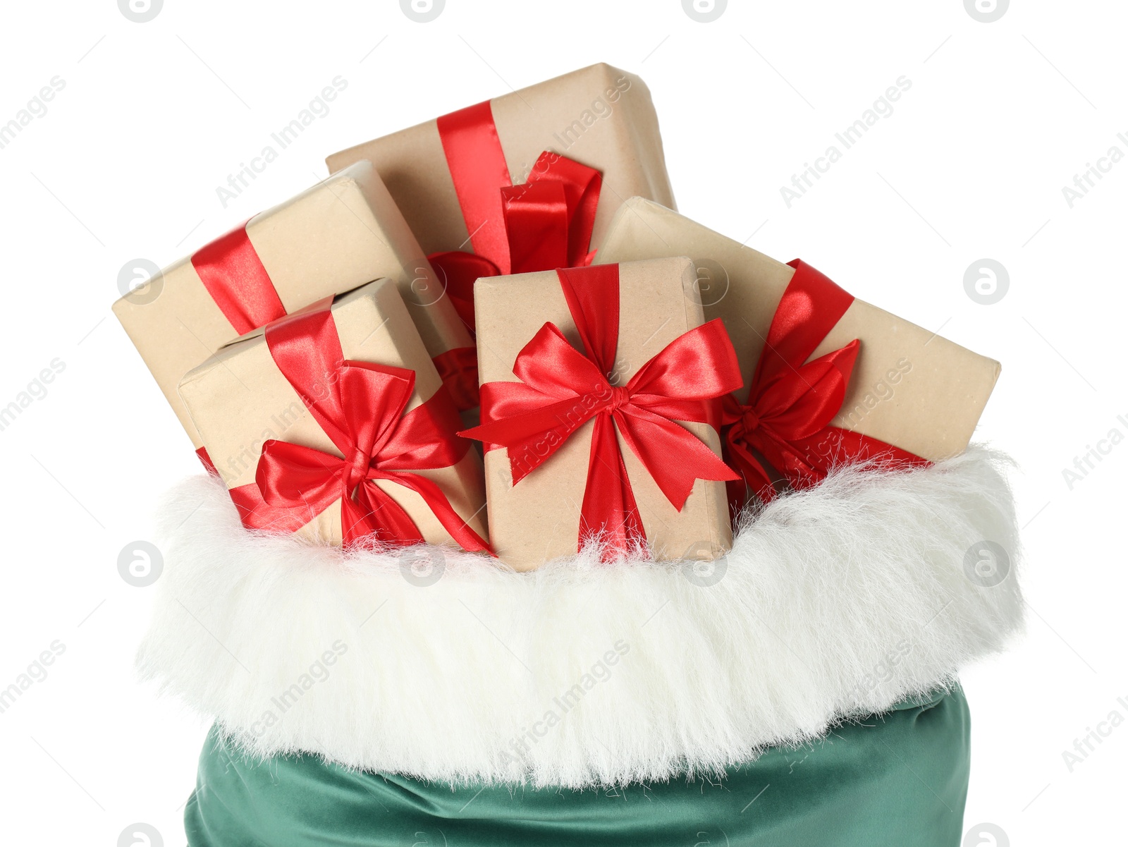 Photo of Santa Claus bag with gift boxes isolated on white