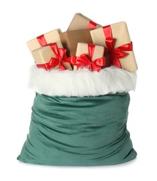 Photo of Santa Claus bag with gift boxes isolated on white