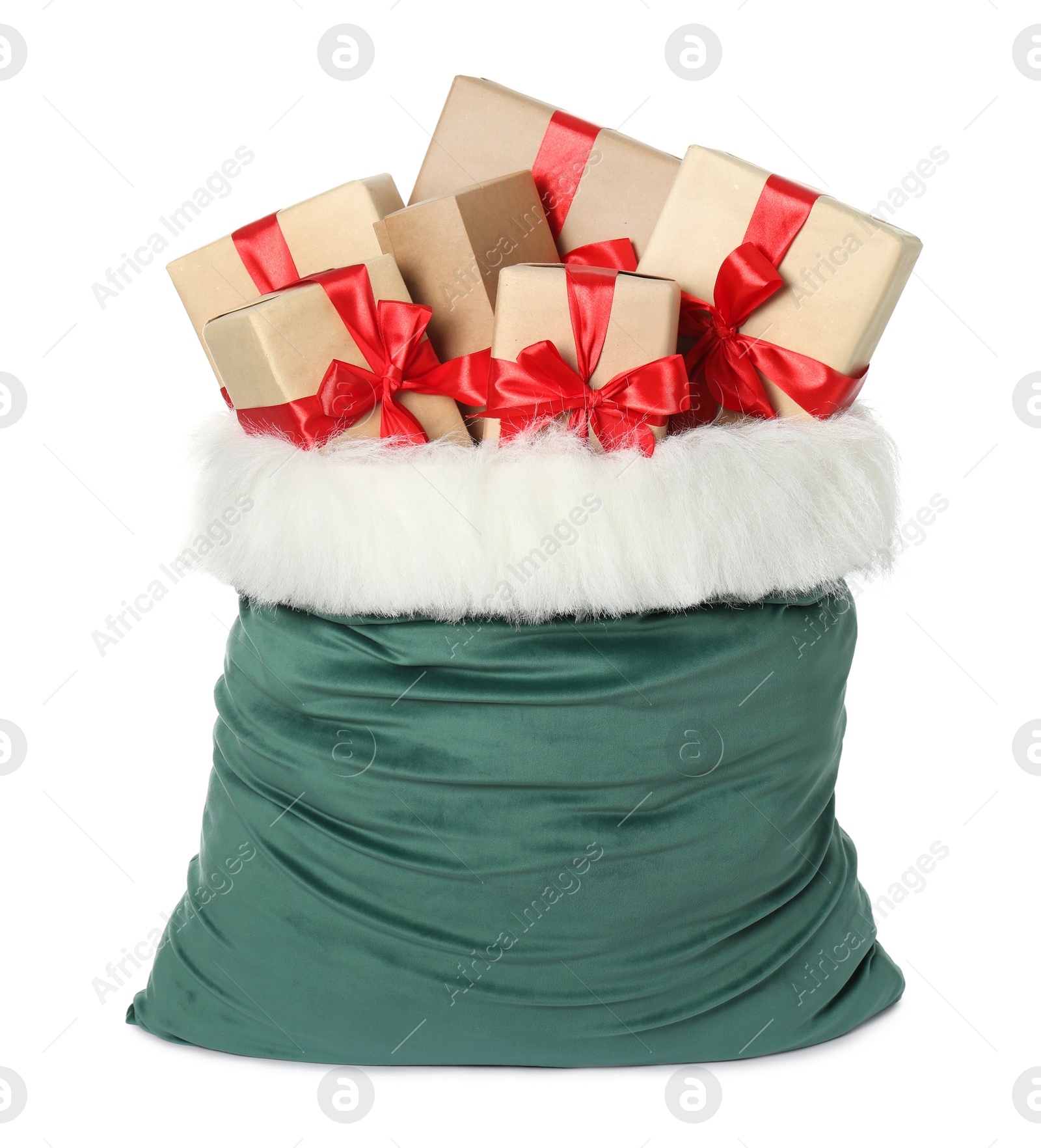 Photo of Santa Claus bag with gift boxes isolated on white