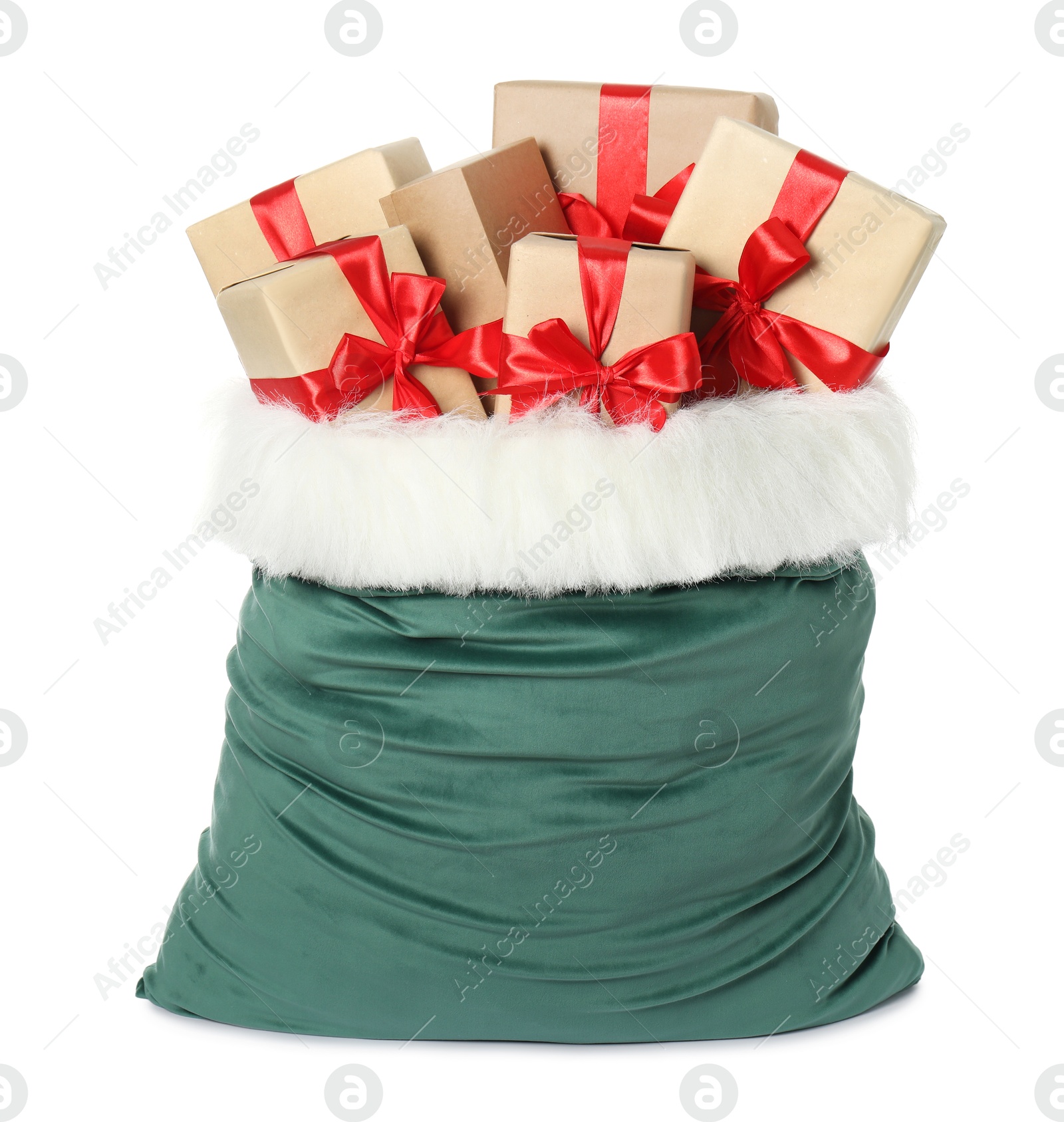 Photo of Santa Claus bag with gift boxes isolated on white