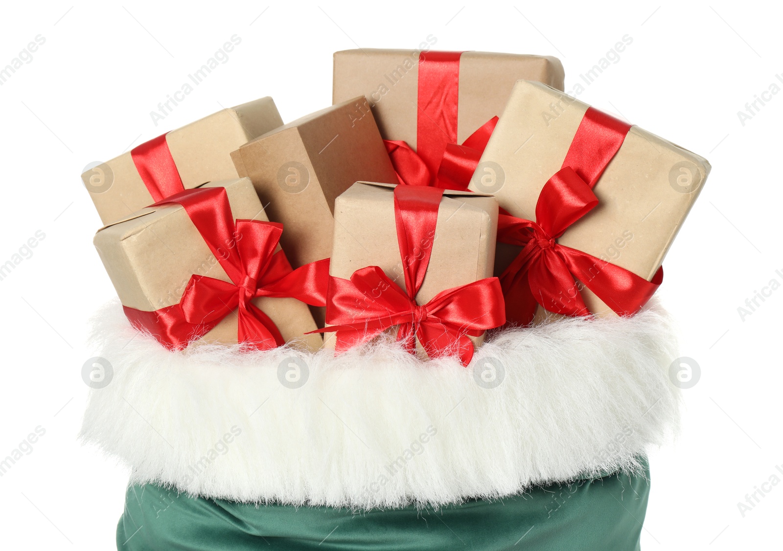 Photo of Santa Claus bag with gift boxes isolated on white