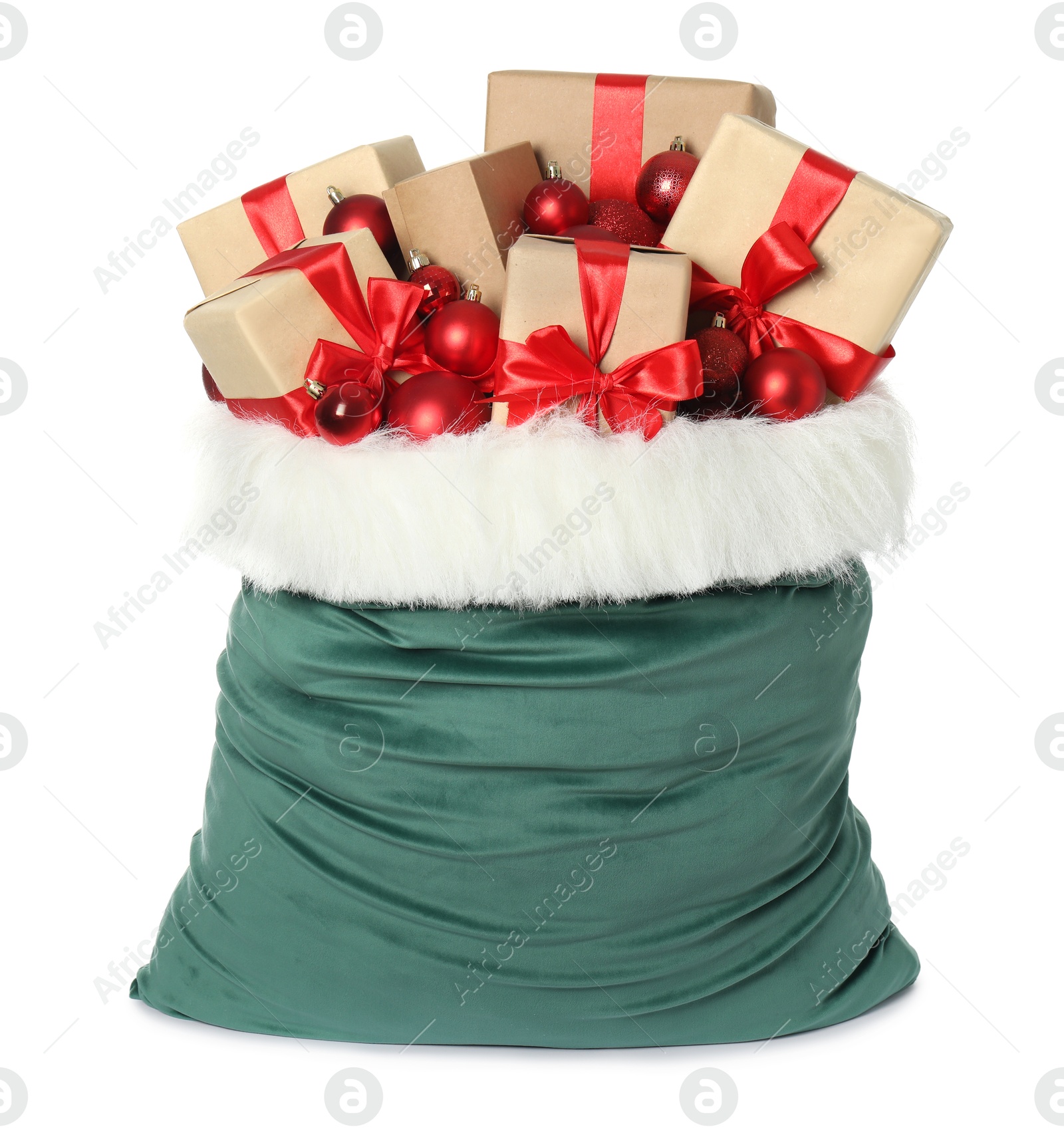 Photo of Santa Claus bag with gift boxes and Christmas balls isolated on white