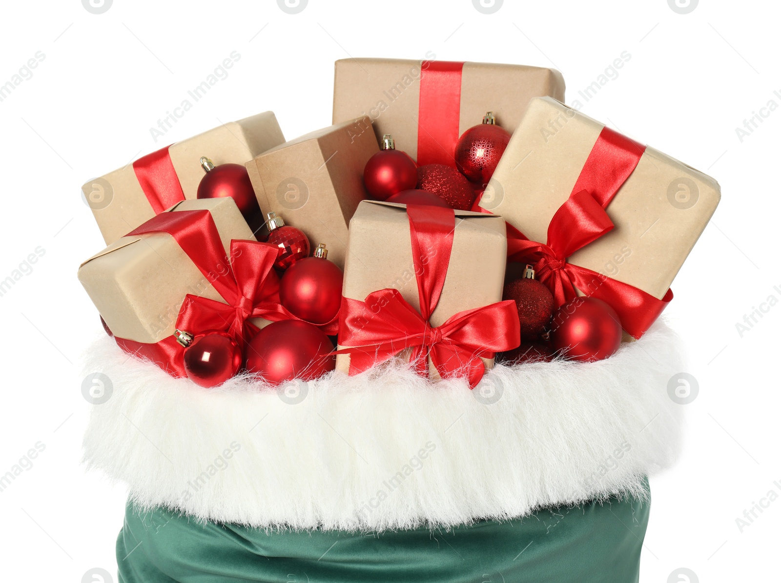 Photo of Santa Claus bag with gift boxes and Christmas balls isolated on white