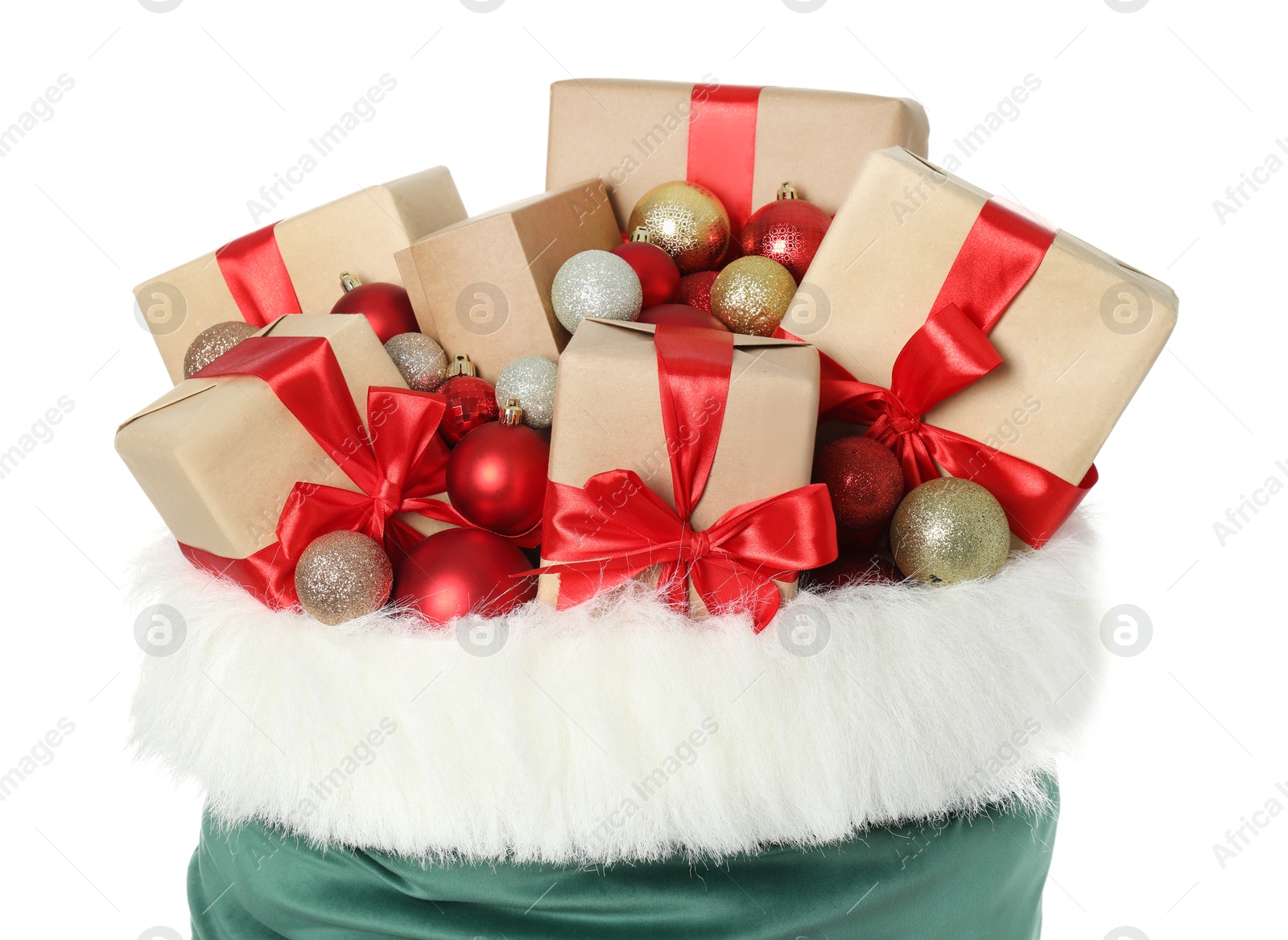 Photo of Santa Claus bag with gift boxes and Christmas balls isolated on white