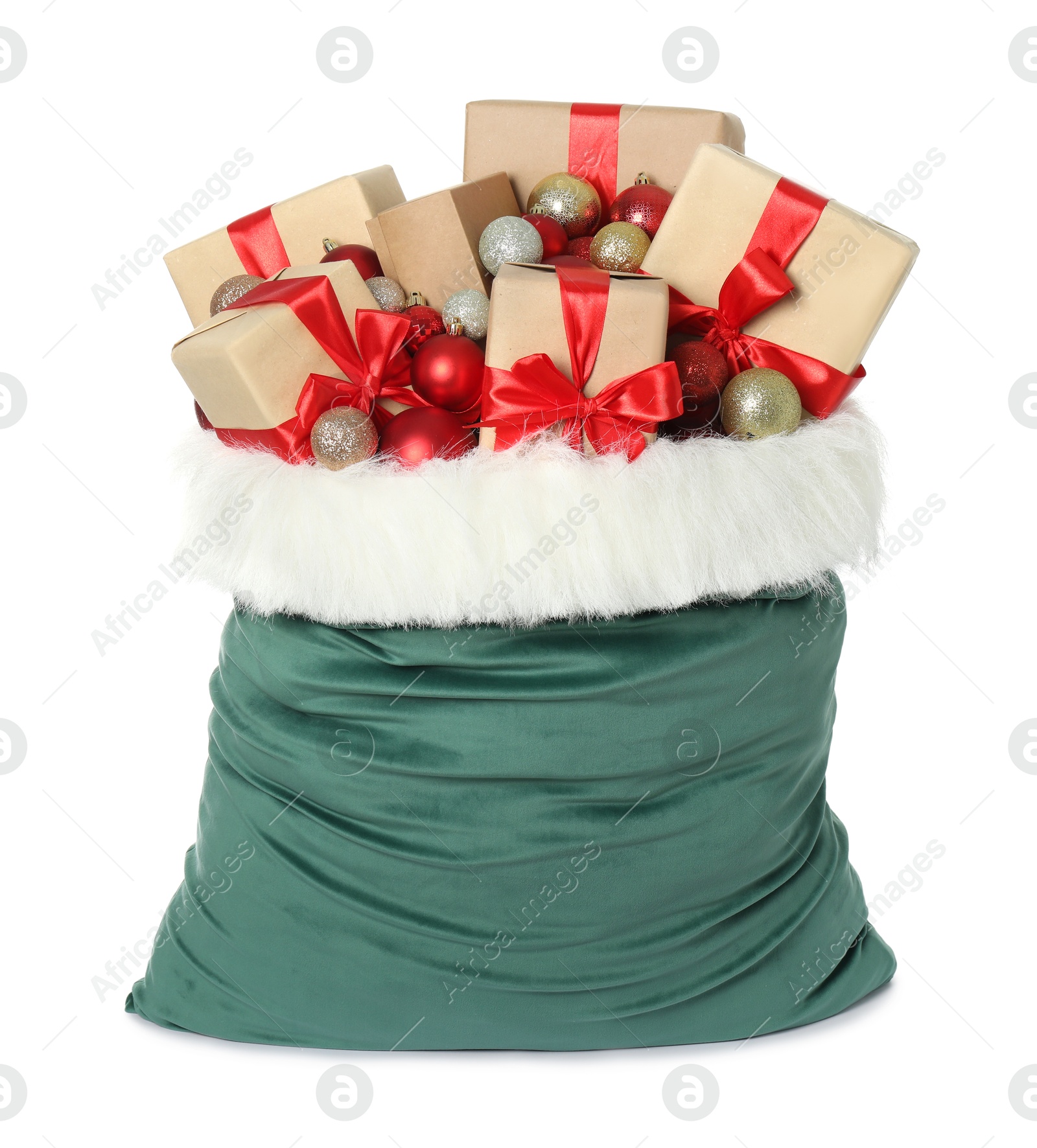 Photo of Santa Claus bag with gift boxes and Christmas balls isolated on white