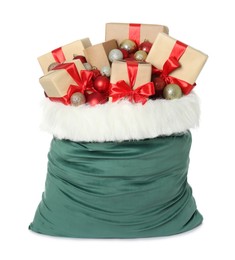 Photo of Santa Claus bag with gift boxes and Christmas balls isolated on white