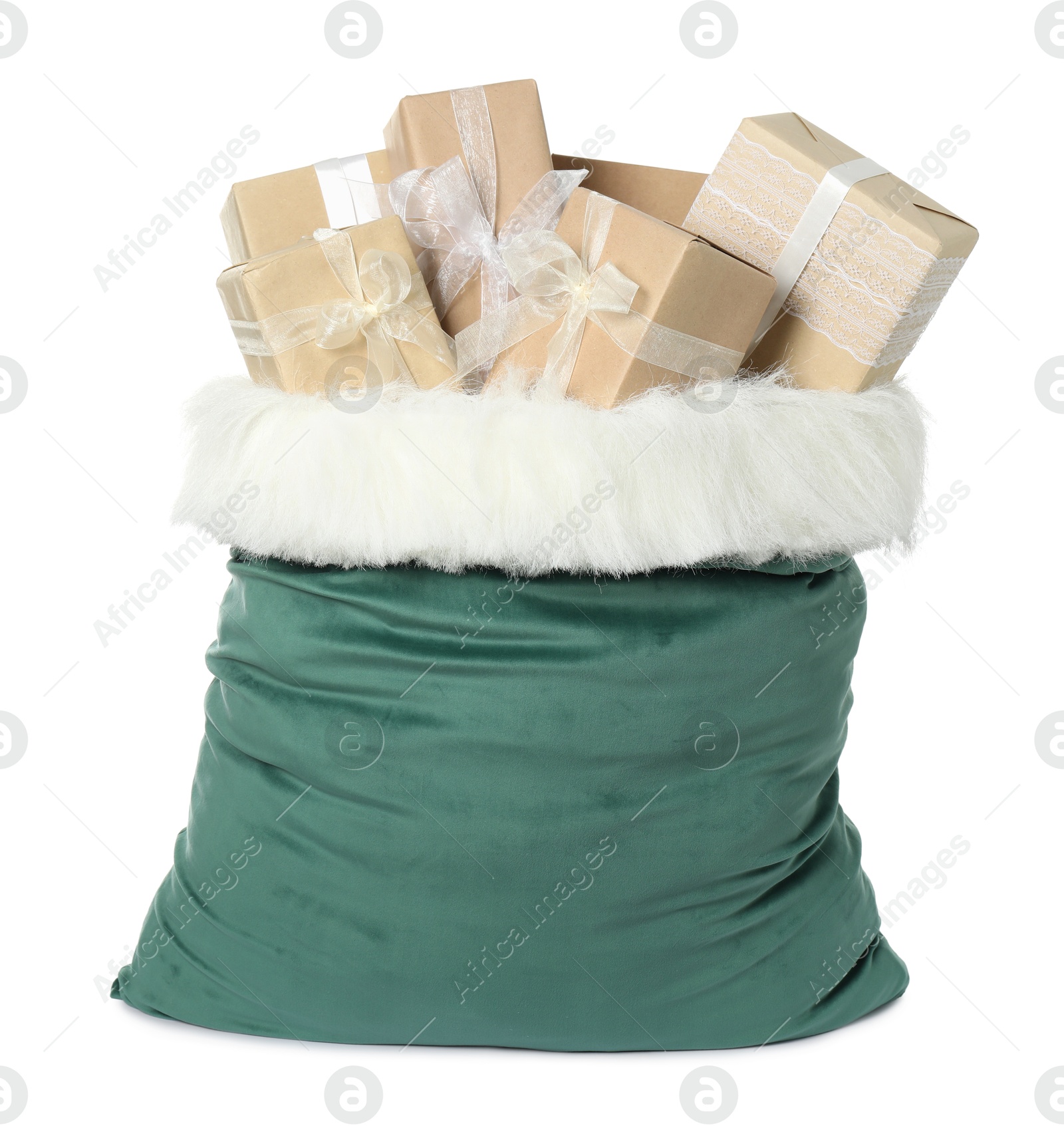 Photo of Santa Claus bag with gift boxes isolated on white