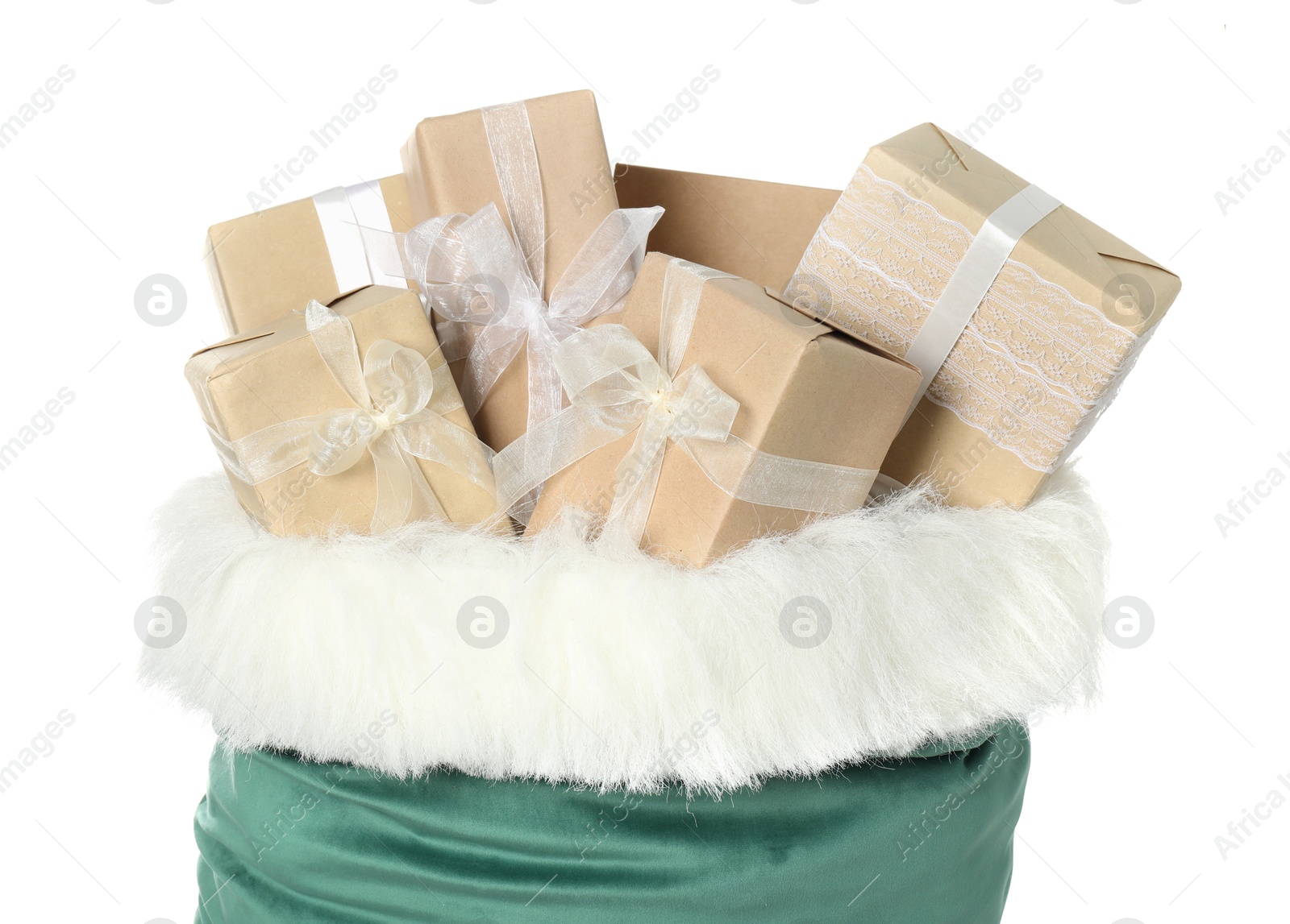 Photo of Santa Claus bag with gift boxes isolated on white