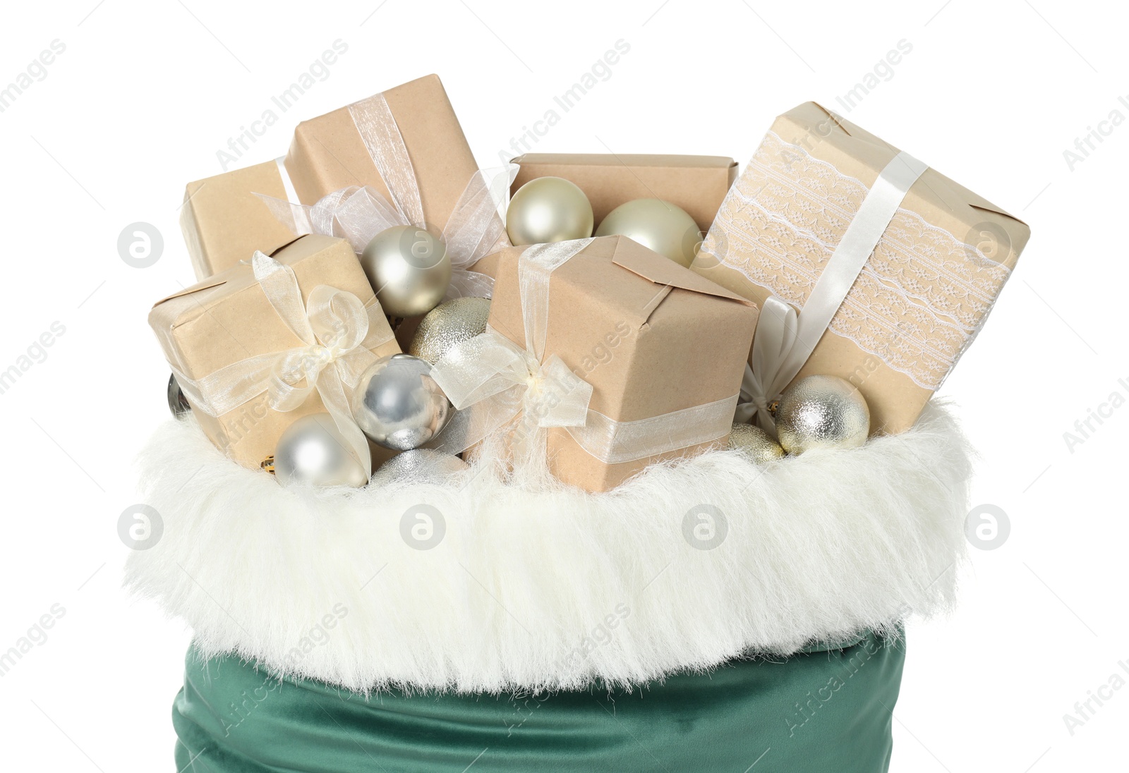 Photo of Santa Claus bag with gift boxes and Christmas balls isolated on white