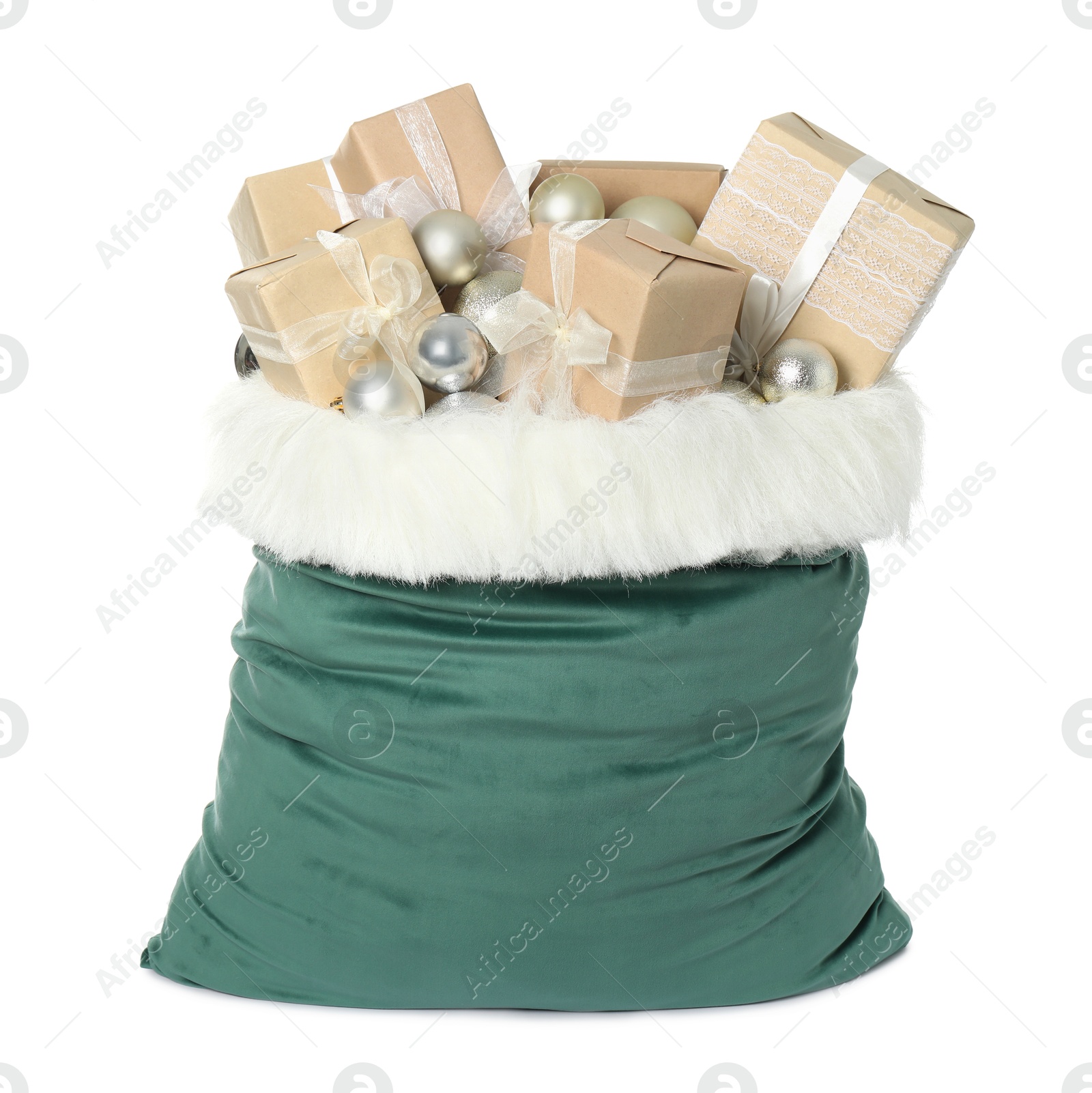 Photo of Santa Claus bag with gift boxes and Christmas balls isolated on white