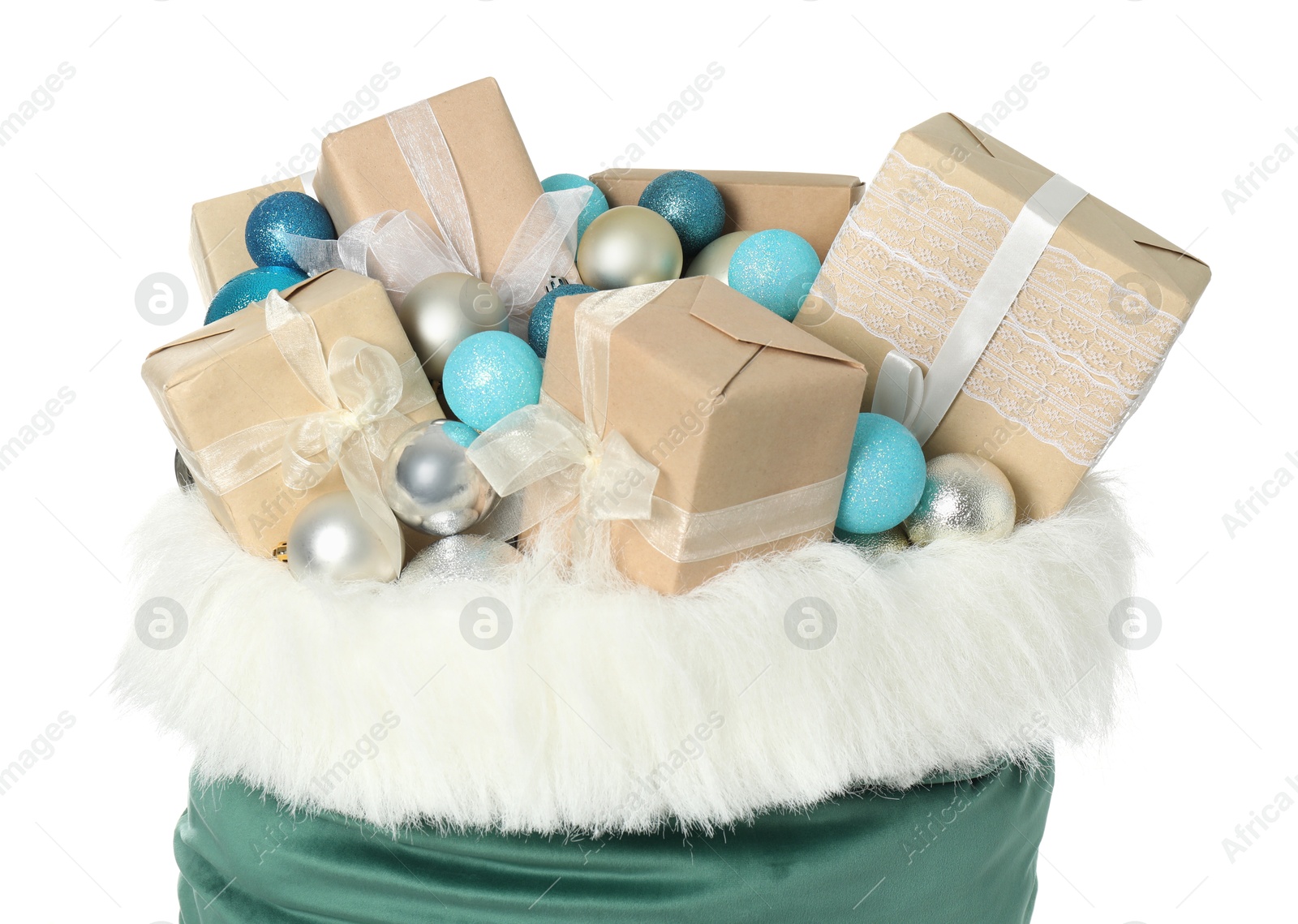 Photo of Santa Claus bag with gift boxes and Christmas balls isolated on white