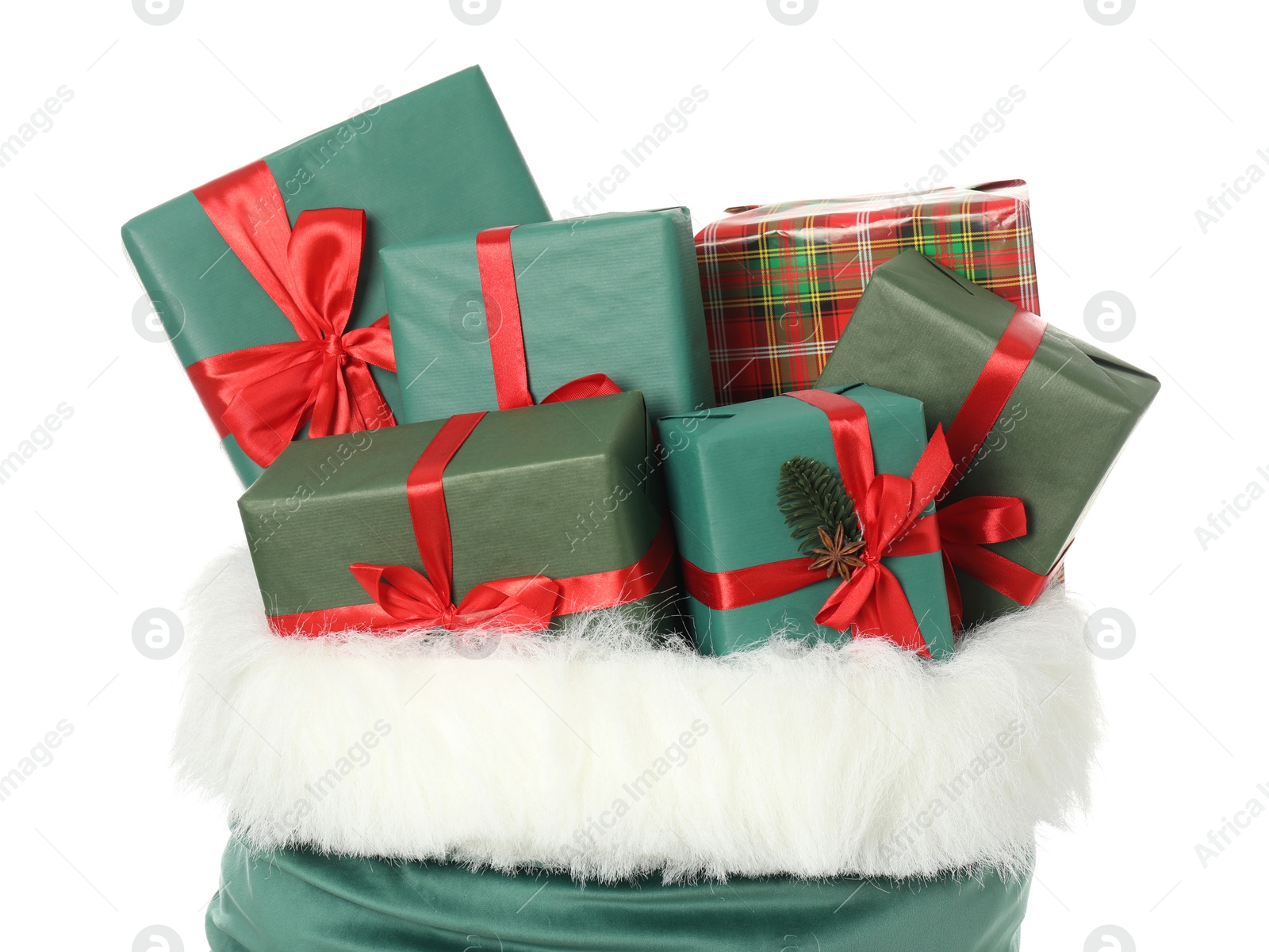 Photo of Santa Claus bag with gift boxes isolated on white