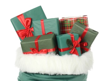 Photo of Santa Claus bag with gift boxes isolated on white