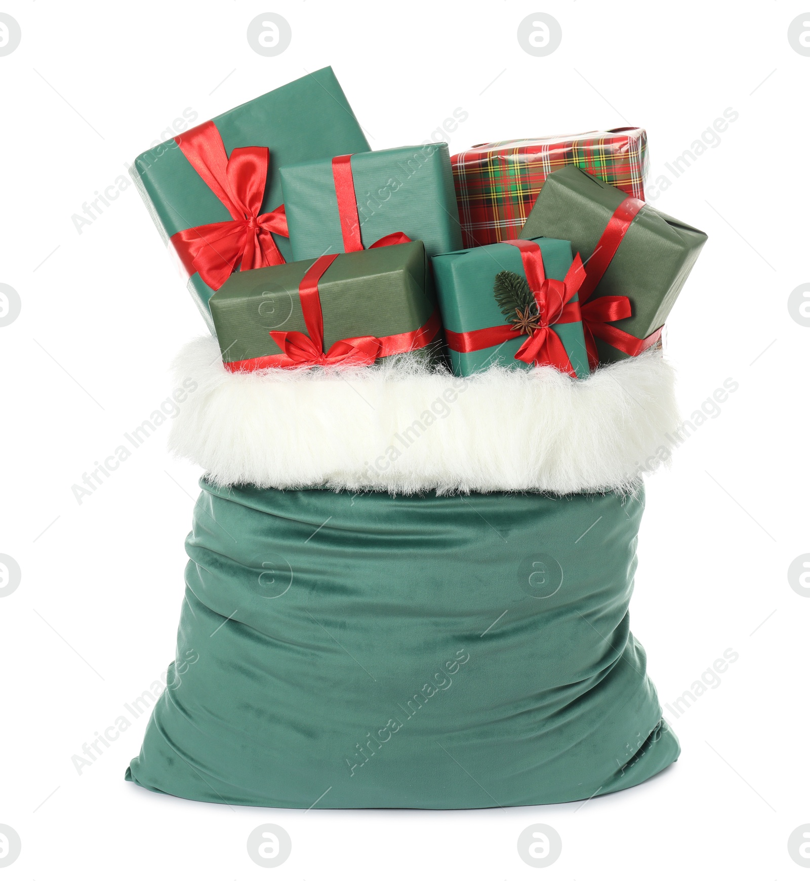 Photo of Santa Claus bag with gift boxes isolated on white