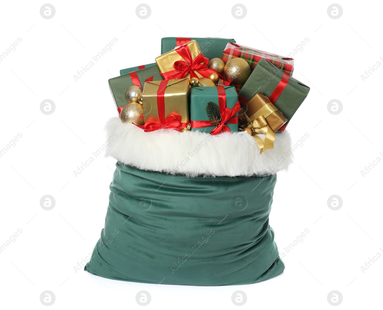 Photo of Santa Claus bag with gift boxes and Christmas balls isolated on white