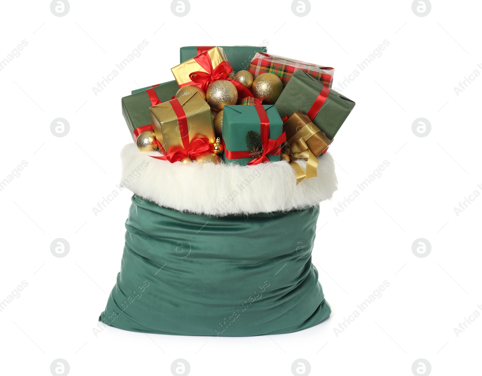 Photo of Santa Claus bag with gift boxes and Christmas balls isolated on white