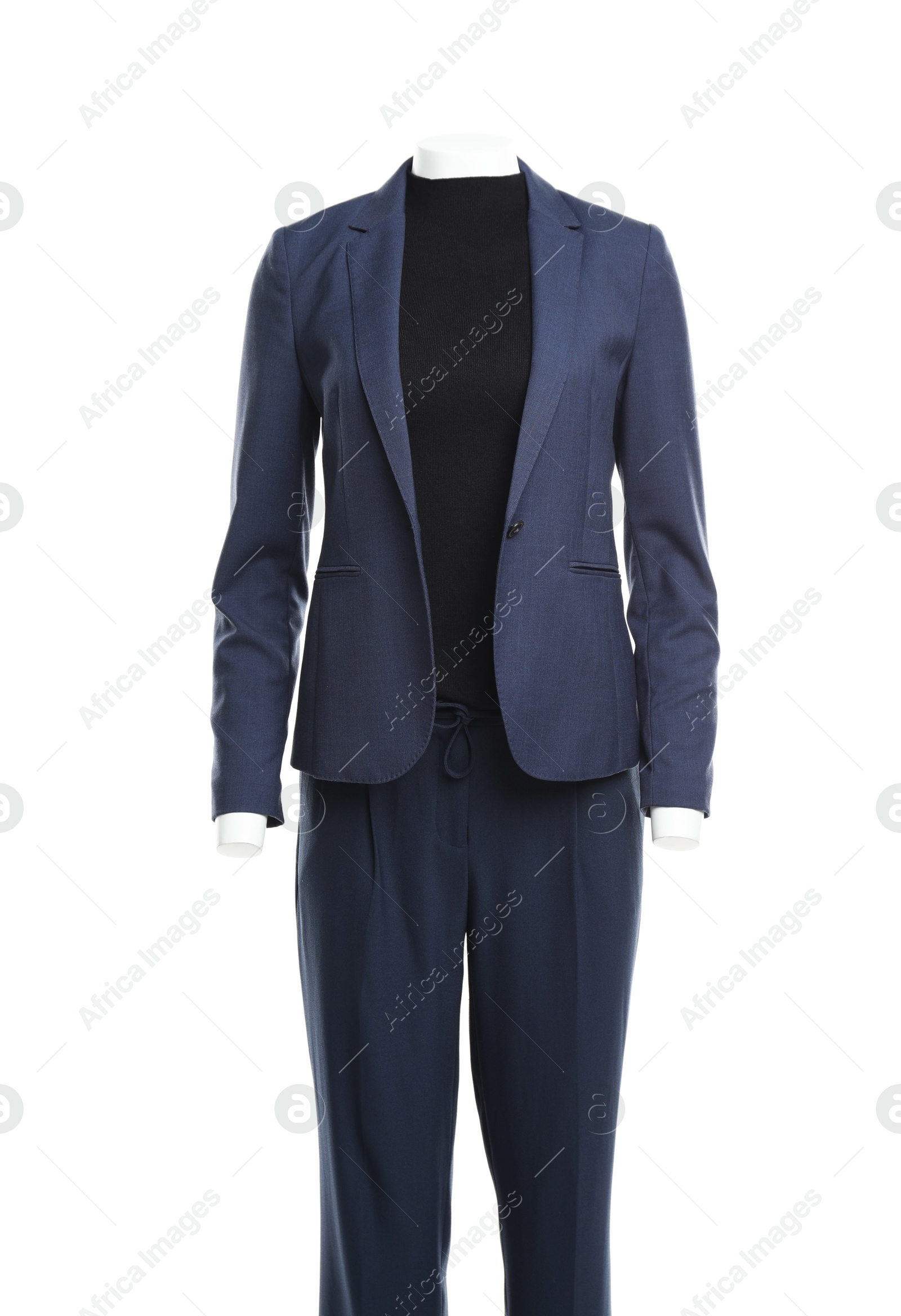 Photo of Female mannequin with stylish blue suit isolated on white