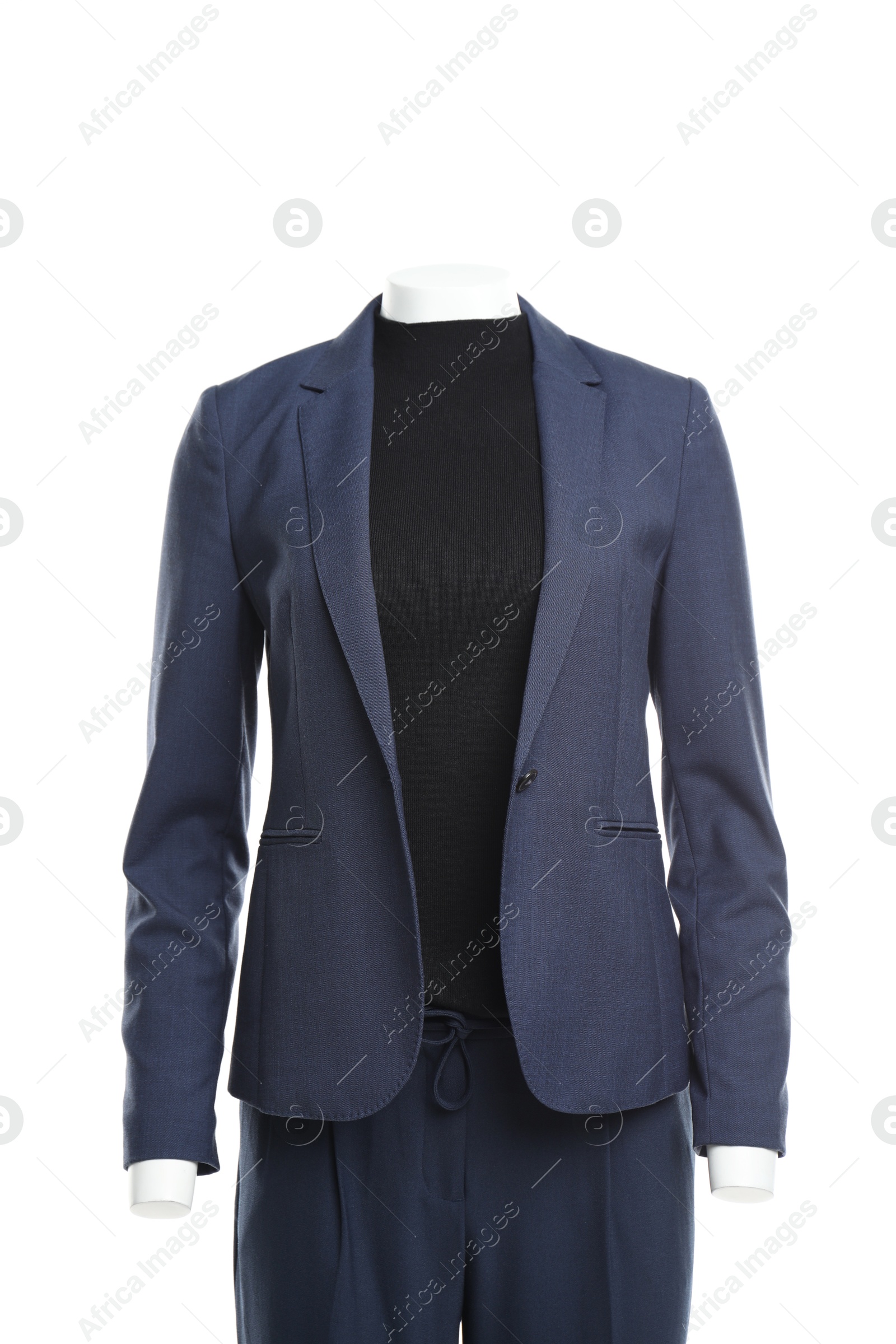 Photo of Female mannequin with stylish blue suit isolated on white