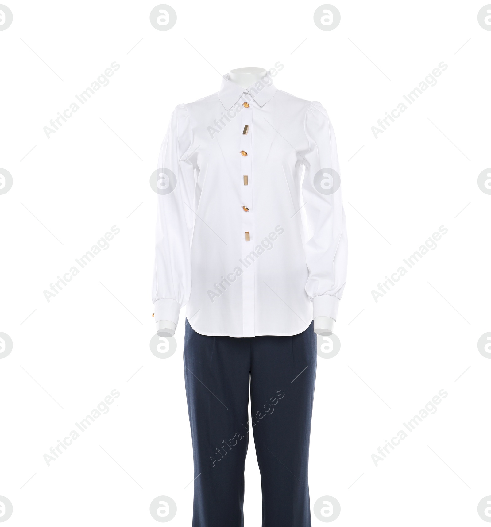 Photo of Female mannequin with stylish shirt and pants isolated on white