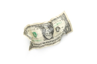 Photo of One crumpled dollar banknote isolated on white, top view