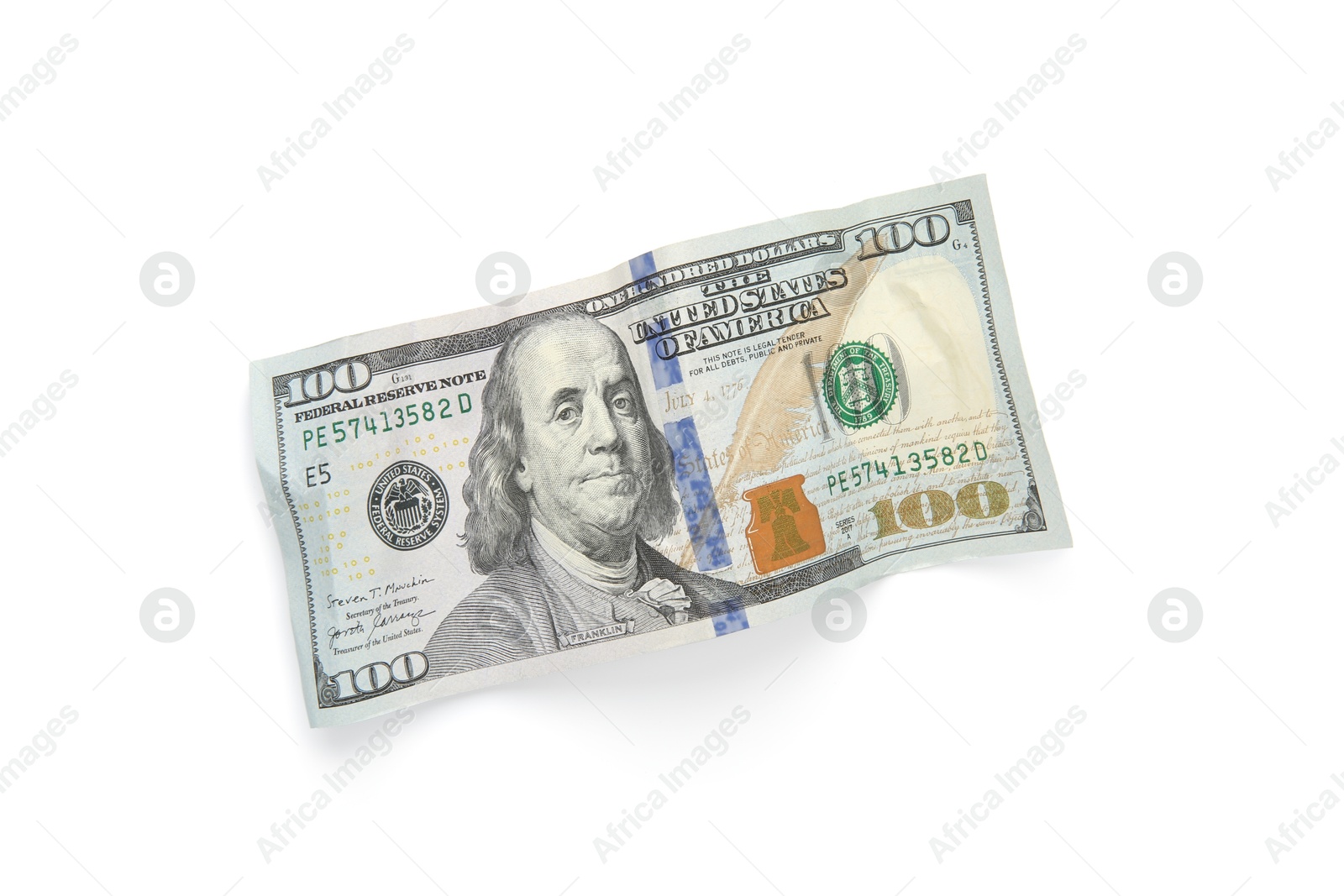 Photo of One crumpled dollar banknote isolated on white, top view