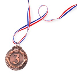 Photo of One bronze medal isolated on white, top view