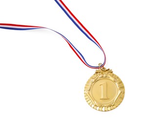 Photo of One golden medal isolated on white, top view