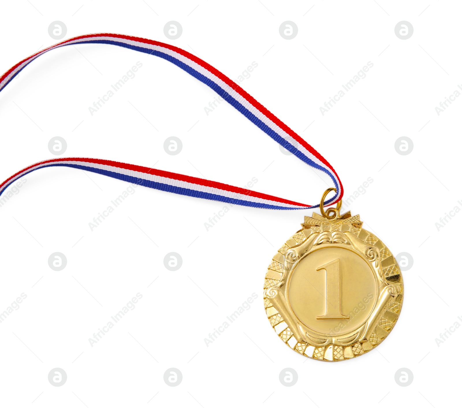 Photo of One golden medal isolated on white, top view