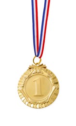 Photo of One golden medal isolated on white, top view