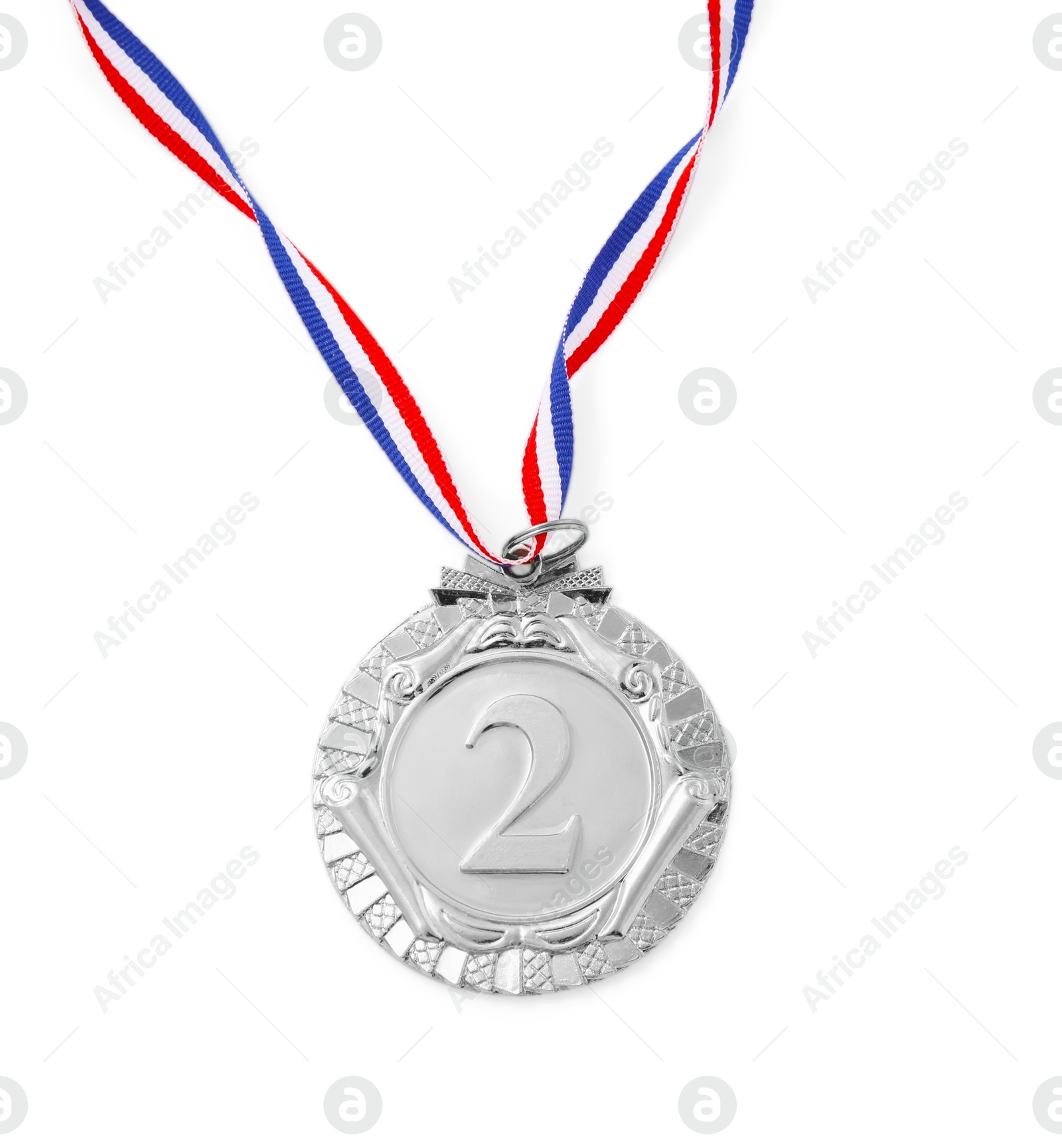 Photo of One silver medal isolated on white, top view