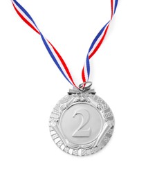 Photo of One silver medal isolated on white, top view