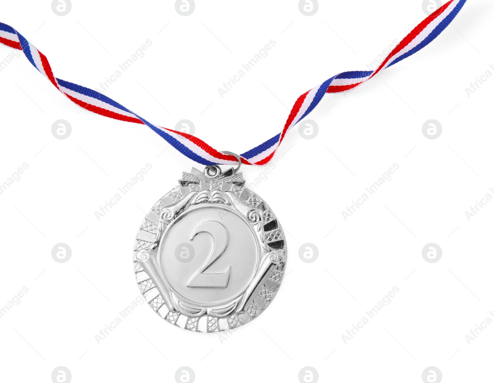 Photo of One silver medal isolated on white, top view