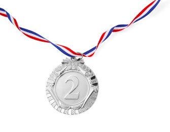 Photo of One silver medal isolated on white, top view